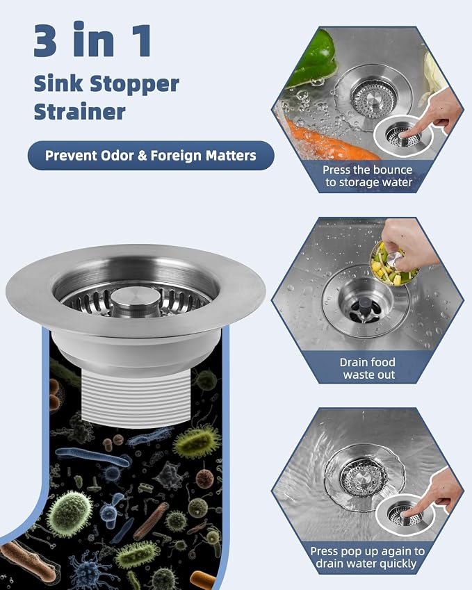 3-in-1 Kitchen Sink Strainer Stopper Combo, Universal Fit, All Metal - Image 4