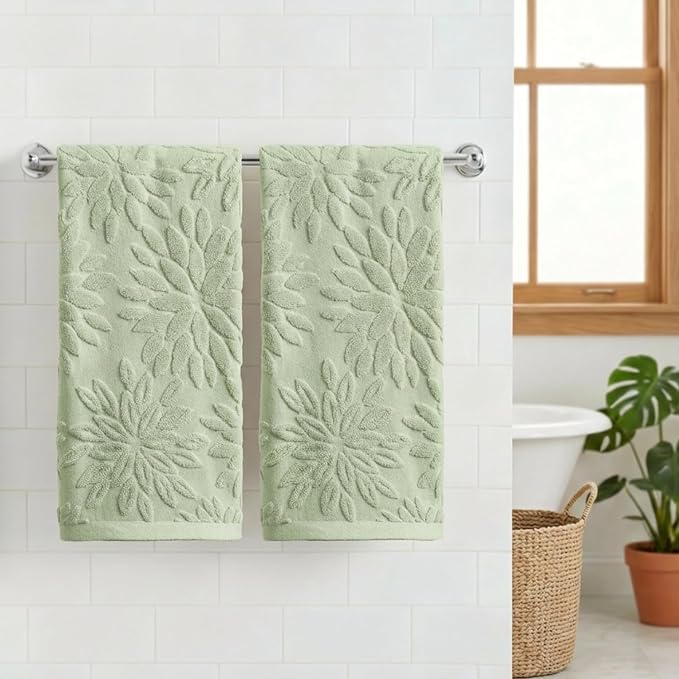 Artoid Mode 2 Pcs Light Green 3D Dahlia Floral Jacquard Hand Towels - Image 2
