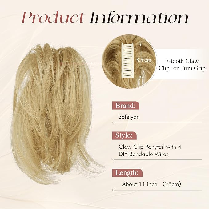SOFEIYAN Claw Clip Short Ponytail Extension DIY Bendable Wires Hair Bun Fluffy Fake Hair Piece Straight Synthetic Hair Ponytail Extensions for Wonen - Dirty Blonde