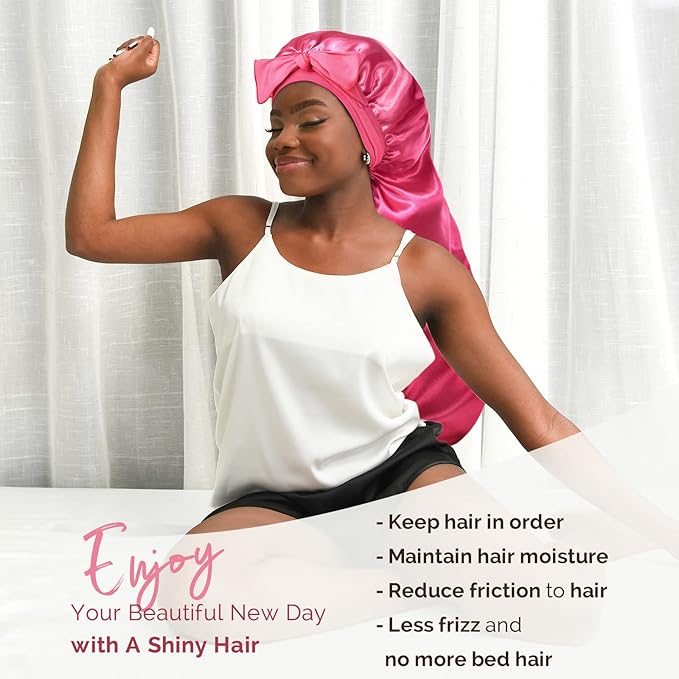 YANIBEST Long Bonnet Satin Bonnet for Sleeping Braid Bonnet with Tie Band Silk Sleep Bonnet for Women Locs Hot Pink