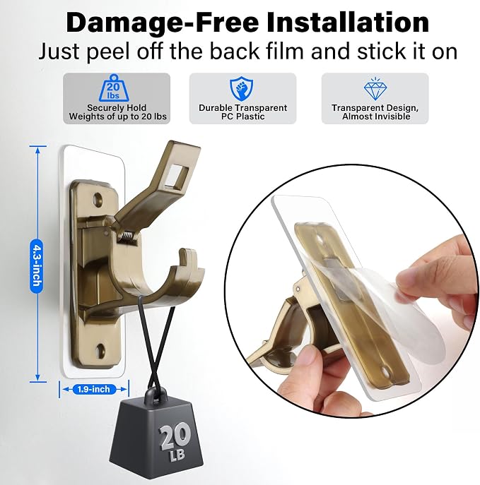 6-Pack No Drill Needed Curtain Rod Holders Brackets, Adhesive Holder Hooks | - Image 3