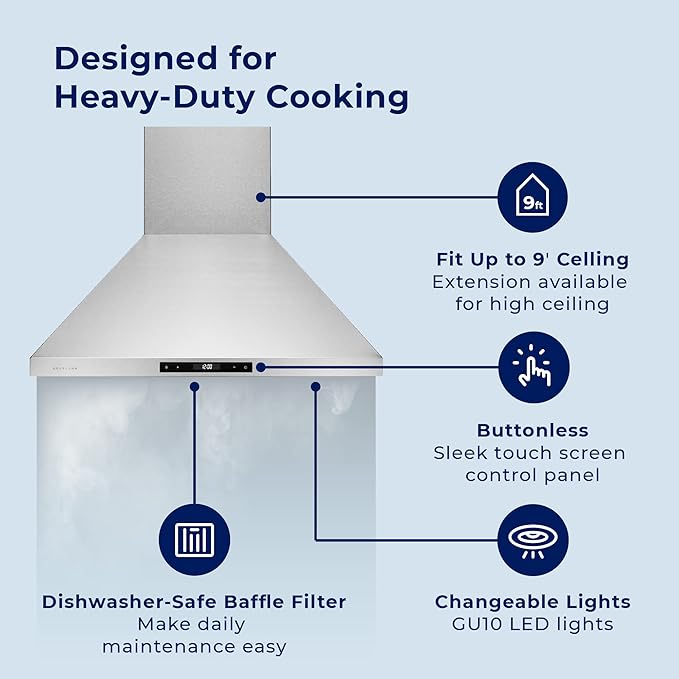 Hauslane - Chef Series Range Hood 36" WM-538 Wall Mount Range Hood - European Style Stainless Steel Stove Ventilation - 3 Speed, Touch Control, LED Lamps, Baffle Filters - Vented or Ductless