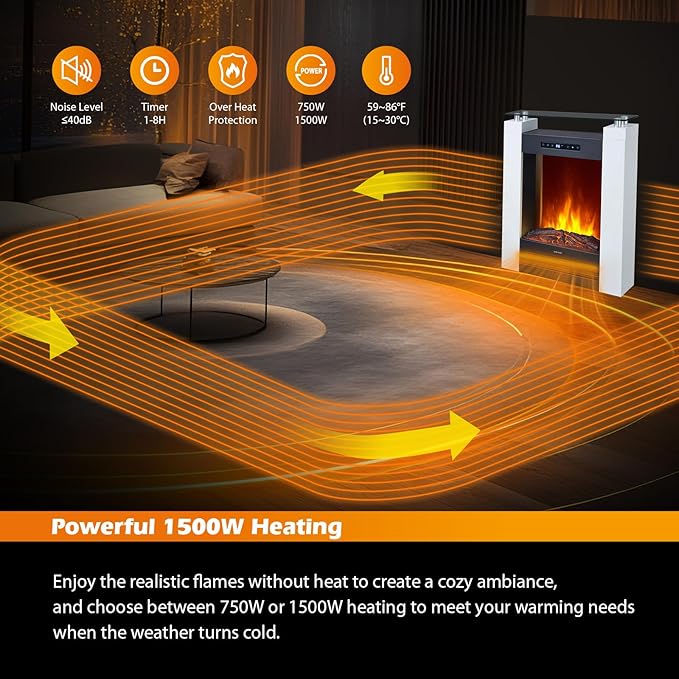 Wide Freestanding Electric Fireplace with Remote & Touch Control, 1500W Heater with Adjustable Timer & Thermostat, Realistic 3D Flame, 8-Hour Timer, Overheat Protection for Bedroom Living Room