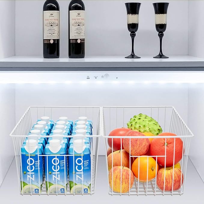 Freezer Baskets Organizer, Refrigerator Metal Wire Storage Divider, Household Container Bins with Handles for Kitchen, Pantry, Cabinet, Closets - Pearl White (6, 16in x 10in x 5.5in)