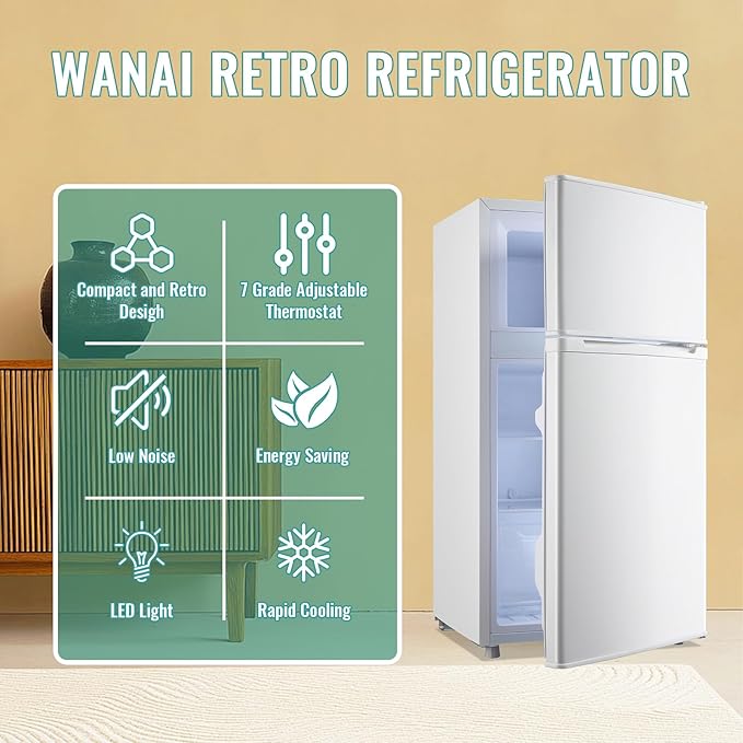WANAI 3.5 Cu.Ft Mini Fridge Compact Refrigerator with Freezer, 7 Level Adjustable Thermostat Removable Shelves Small Refrigerator for Office Dorm Apartment Matte White