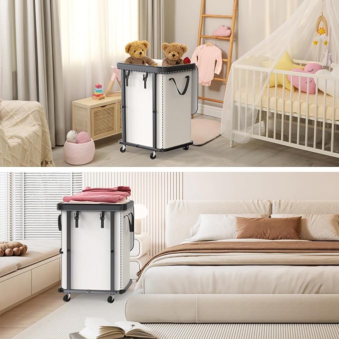 Laundry Basket with Wheels, 150L Leather Patchwork Rolling Hamper Carts - Image 7
