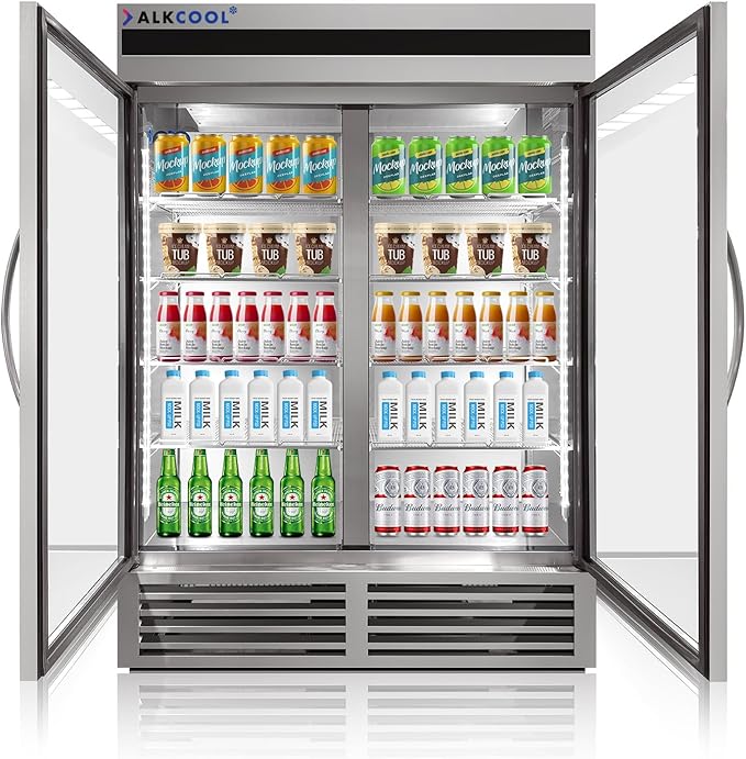 Commercial Stainless Steel Beverage Refrigerator Display Fridge,Two Glass DoorMerchandiser Drink Cooler with LED Light Adjustable Shelves,46 Cu Ft, ETL Sanitation,(Wheels Not Included)