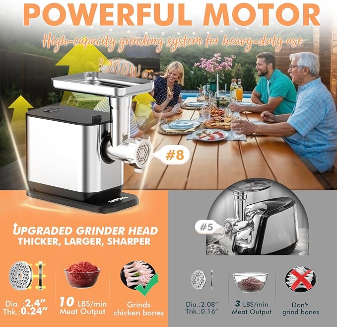 #8 Meat Grinder, 3200W Max Electric Heavy Duty Sausage Stuff, Rotary Cheese Grater with 3 Interchangeable Blades, 2 Blades, 3 Plates, 4 Sausage Tubes, Kibbe, Burger Press & Meat Claws