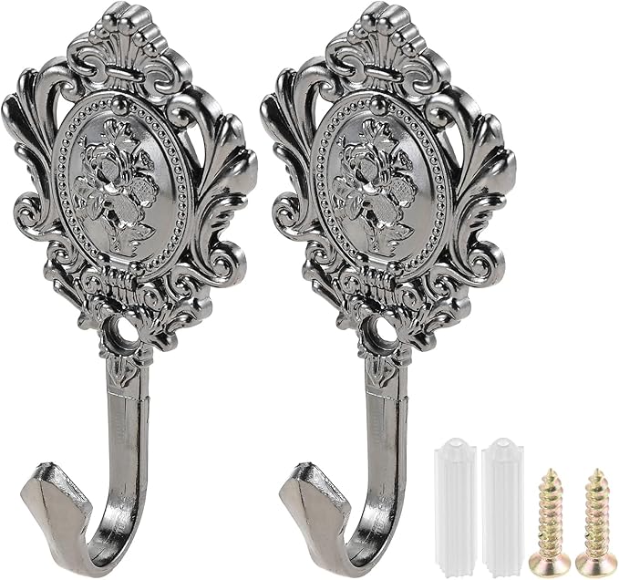 Curtain Holdbacks Small Lightweight Hooks, Vintage Black Rose Pattern | 2 Pack by Hicello