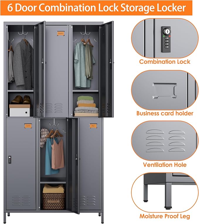 METAN Metal Locker for School Office Gym Bedroom,with Password Lock,6 Doors Steel Storage Lockers Cabinet for Employees,Industrial Storage with 1 Shelf,Assembly Required,Dark Gray
