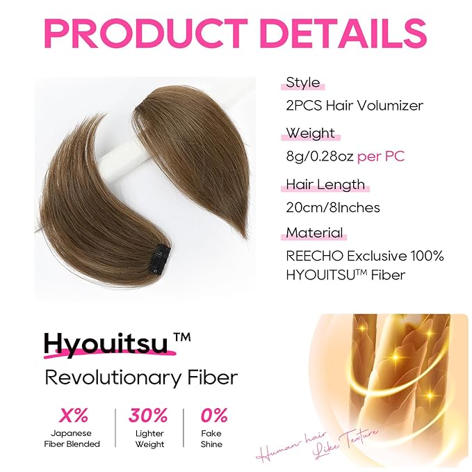 REECHO Clip in Hair Volumizer, Short Thick Clip in Hairpieces Adding Extra Hair Volume Extensions for Women with Thin Fine (Light Brown, 8 Inch(Pack of 2))