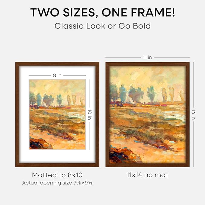 Homeforia 11x14 Brown Picture Frame, High End Dark Oak 11x14 Walnut Poster Frame with Mat 8x10, 11 x 14 Wooden Frame Matted to 8 by 10 inch Photo, 14x11 Thin Frames, Tempered Glass, Wall Kit, Set of 2