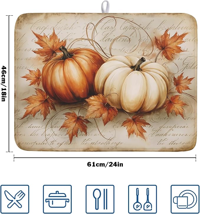Fall Pumpkin Dish Drying Mat 18”x24”Vintage Autumn Drying Mat - Image 2