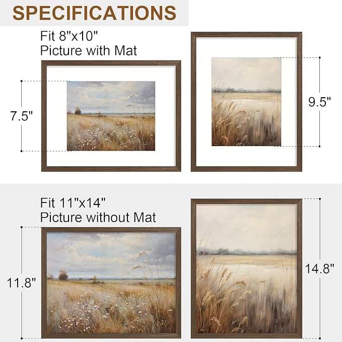 Vittanly 11x14 Picture Frame Set of 2, Solid Wood Frame for Wall Art Photo and Prints, Display Photo 8x10 with Mat or 11x14 without Mat, Brown