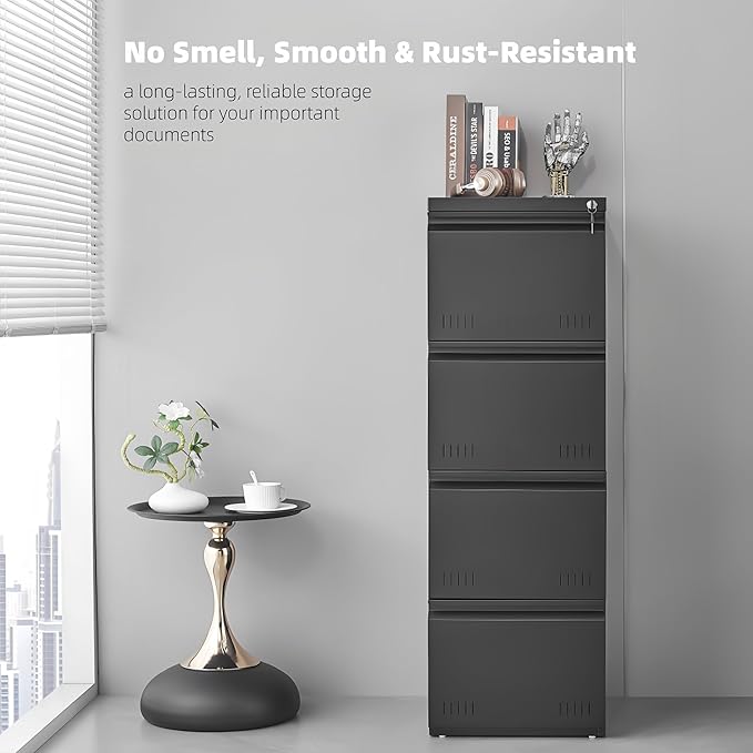 Vertical 4 Drawer File Cabient with Lock, Metal Filing Cabinets for Home Office, Heavty Duty Office Storage Cabinet for A4/Letter/Legal (Matte Black)