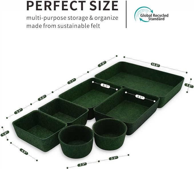 Welaxy Felt Desk Drawer Organizer Tray 7pc Storage Bin Minimal Forest Green - Image 6