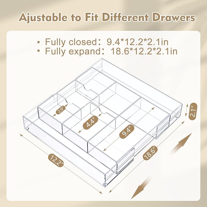 Briwooody Clear Acrylic Drawer Organizer Expandable, 8 Compartments, Large | - Image 2