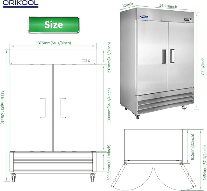54" Commercial Upright Freezer with 2 Solid Door, 46 Cu.Ft Stainless Steel Reach-in Freezer, -10℉ ~ 10℉, Fan Cooling Freezer with 6 Shelves for Restaurant Bar Garage, ETL and DOE Approved