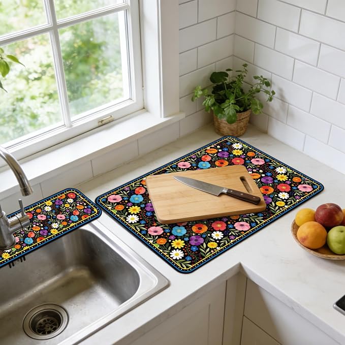 3 Pcs 2 Size Kitchen Sink Splash Guard Faucet Mat Bohemian Flowers Pattern - Image 5