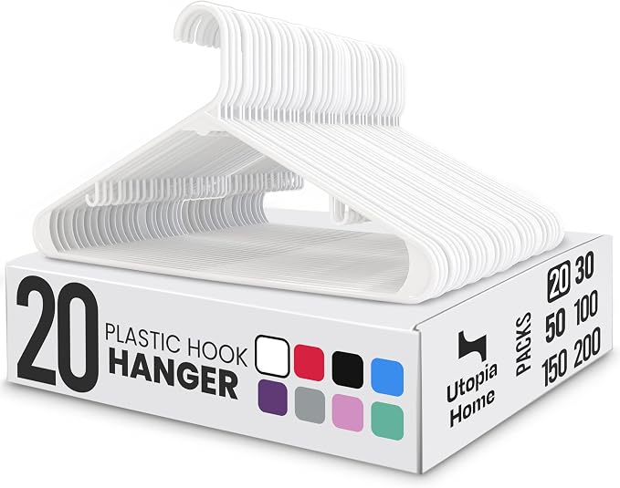 Utopia Home Plastic Hangers 20 Pack – Built-in Strap Hooks White | Space saving by UTOPIAHOME