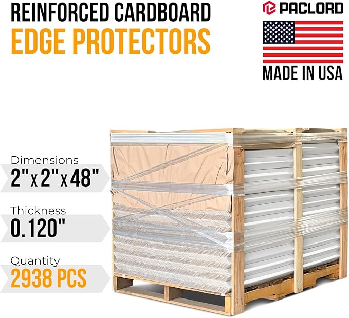 48" x 2" x 2" Reinforced Cardboard Edge Protectors, White (Pallet of 2938) – 0.12" Thick Medium-Duty Cardboard Corner Protectors for Shipping – American Quality V-Board Pallet Edge Guard