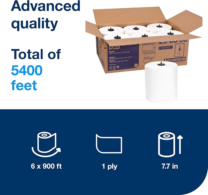Tork Matic Soft Hand Towel Roll White H1, High Absorbency, 6 Rolls x 900 ft - Image 2