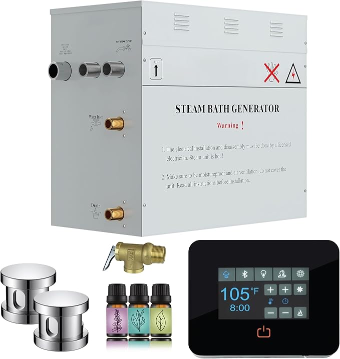 Builders Series 10.5kW Steam Bath Generator with Quickstart Continuous Steam, Black Digital Touch Pad, Built-in Auto-Drain, and Aroma Steamhead in Polished Chrome