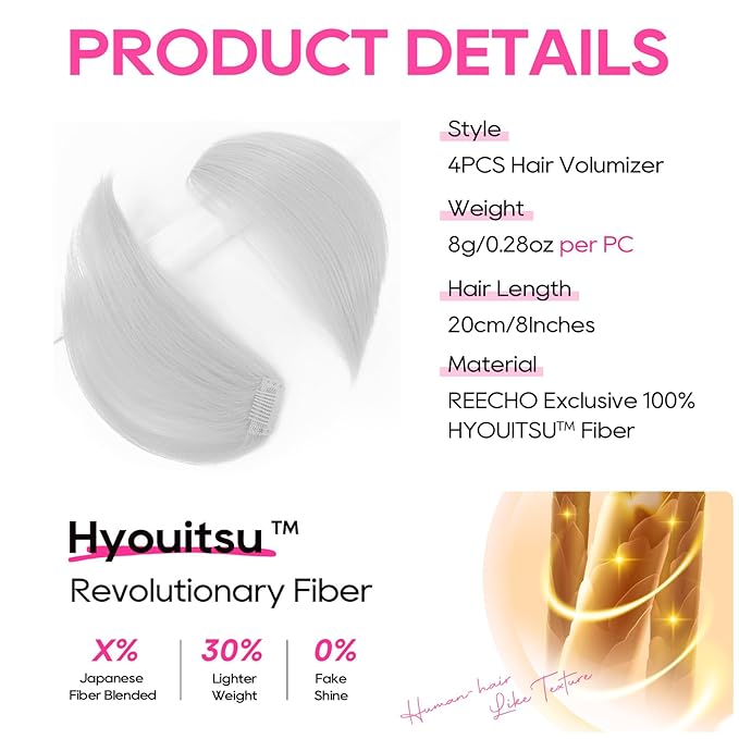 REECHO Clip in Hair Volumizer, Short Thick Clip in Hairpieces Adding Extra Hair Volume Extensions for Women with Thin Fine (Silver, 8 Inch(Pack of 4))