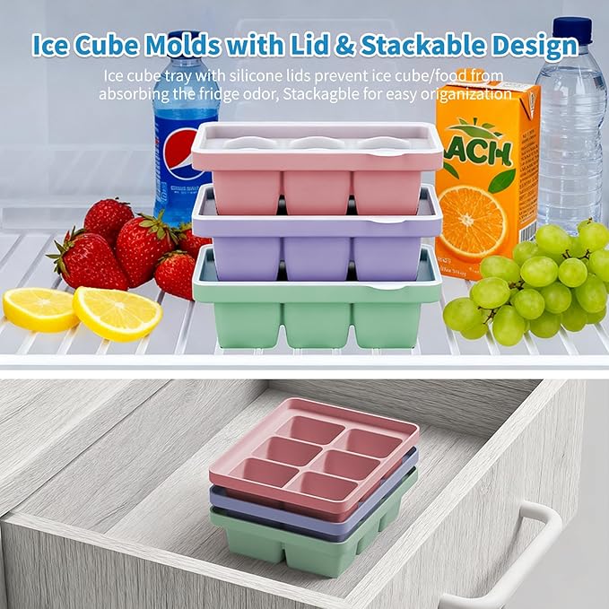 Large Silicone Ice Cube Tray Set of 3, Easy Release 6 Flexible Silicone Ice Cube Molds with Removable Lid, Reusable Freezer Stackable Ice Trays for Whiskey, Baby Food, No Floater, BPA Free
