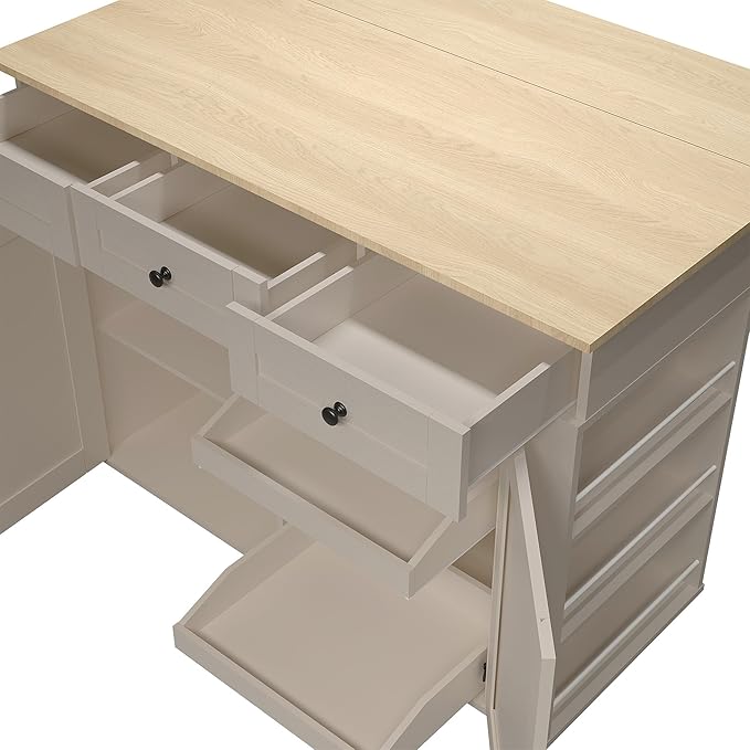 47.2 in Mobile Kitchen Island with Drop Leaf Countertop, Charging Station & Ample Storage, Rolling Kitchen Cart on Wheels with Pull-Out Shelves, Drawers, Spice Rack & Organizer Divider (Gray-1)