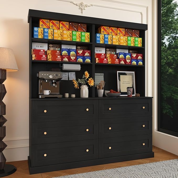 71" Tall Farmhouse Kitchen Pantry, Large Storage Cabinet with Drawers, Freestanding Coffee Bar Hutch with Microwave Stand, Adjustable Shelves for Kitchen, Living Room, Black 3 Pcs