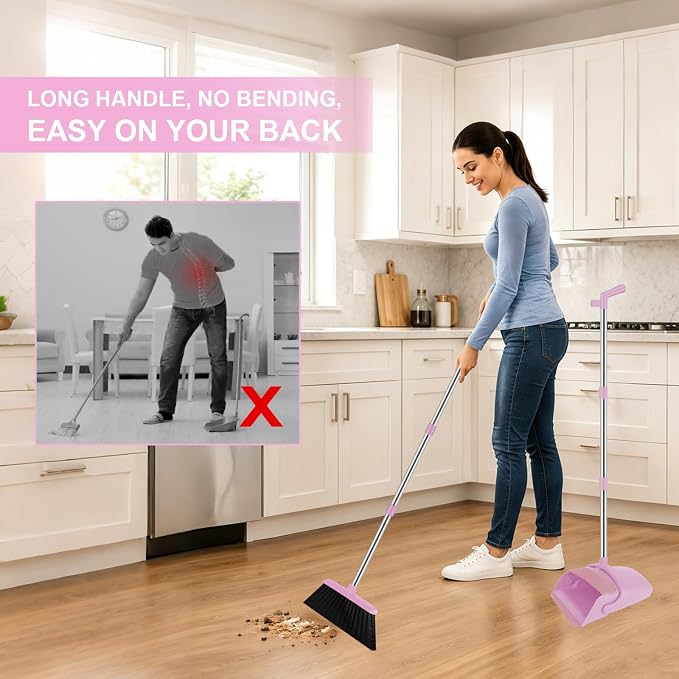 Pink Broom and Dustpan Combo Set, Kitchens & Tight Spaces, Built-in Comb Dustpan - Image 4