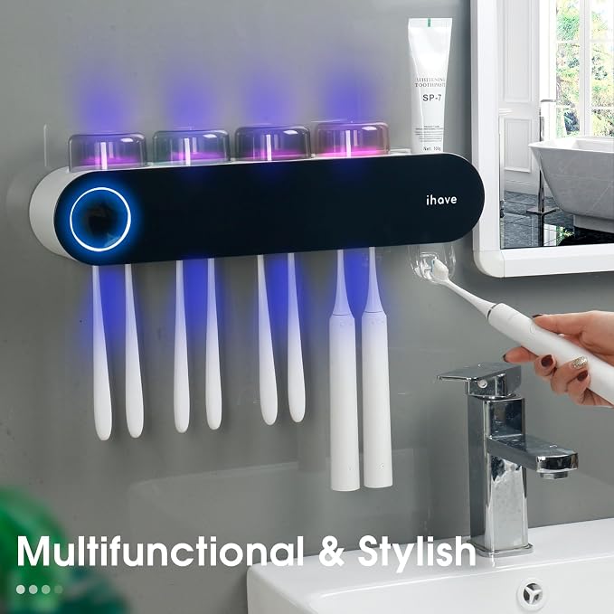 iHave UV Toothbrush Sanitizer Holder Wall Mount Toothpaste Dispenser, 4-Cup | - Image 4