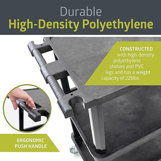Pearington 3-Shelf Multipurpose Mobile Utility Cart with 2 Bins and Lockable Wheels, Heavy-Duty Plastic Rolling Presentation Cart for Offices and Warehouses, Black