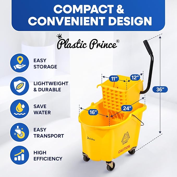 35-Quart Yellow Side-Press Mop Bucket and Wringer Combo on Wheels with Dirty Water Bucket for Commercial Use Perfect for Professional Industrial Business Household