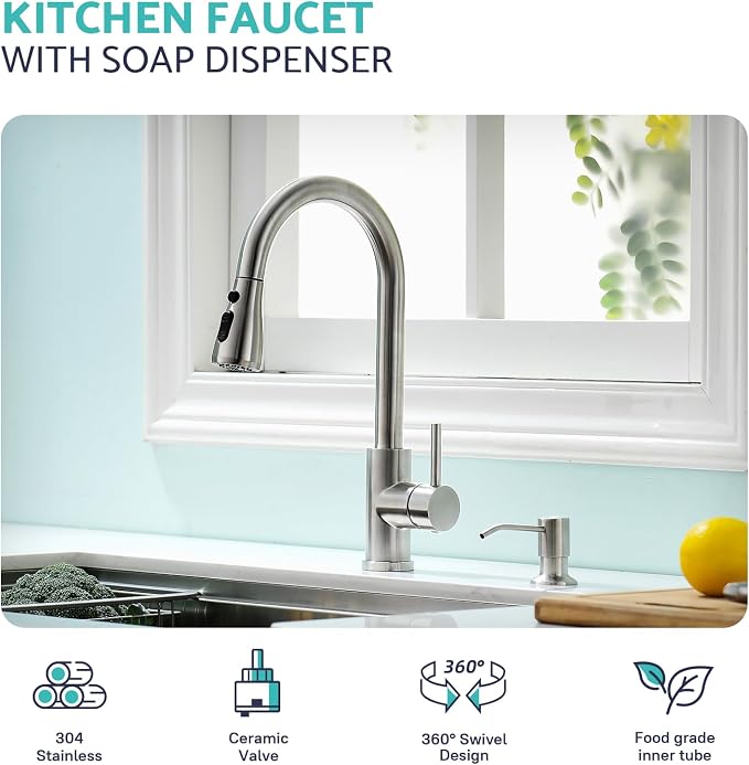 Kitchen Sink Faucet with Soap Dispenser, 3 Modes Kitchen Faucet with Pull Down - Image 3