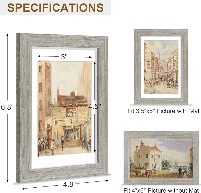 Vittanly 4x6 Picture Frame, Solid Wood Frame with Plexiglass, Includes 3.5x5 Mat, Wall Hanging or Tabletop for Home Decor, Grey, 1 Pack