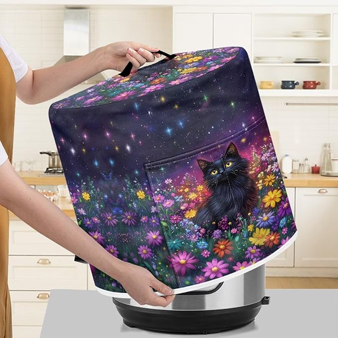 Xoenoiee Black Cat Colorful Daisy Pattern Pressure Cooker Cover Kitchen Appliance Dust Cover with Pockets for Rice Cooker Air Fryer Slow Cooker, for 6 Qt Pot