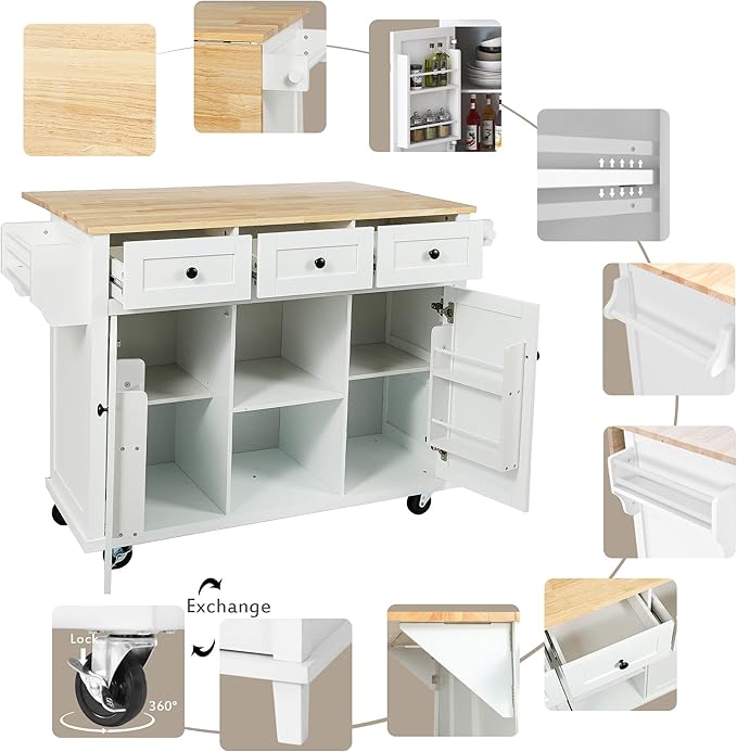 Merax Rolling Mobile Kitchen Island Cart Breakfast Bar with Wood Top, Door Internal Storage Racks, 3 Drawers and 5 Wheels for Dining Room