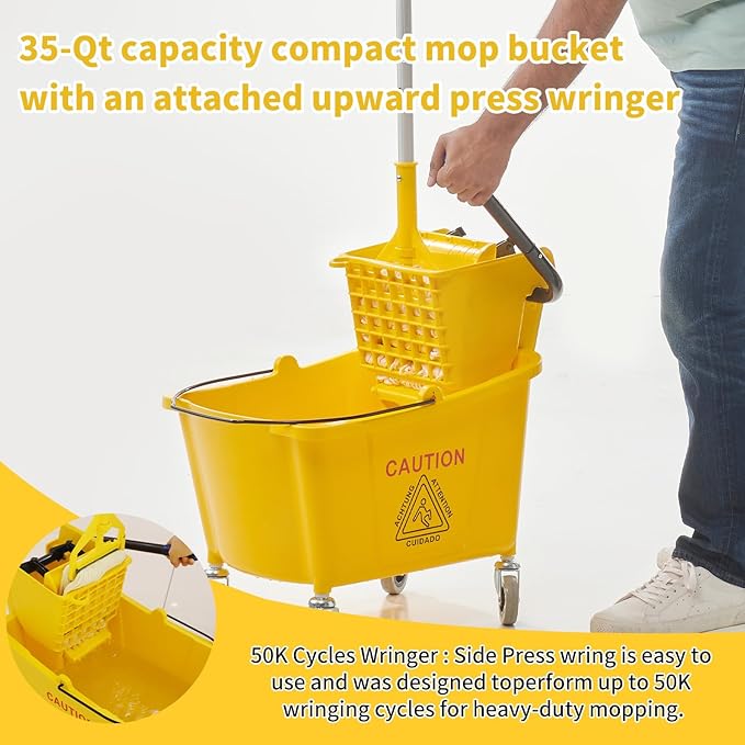 Side Press Wringer Combo Commercial Mop Bucket on Wheels, 35 Quart,Yellow, Including Wet Floor Caution Sign（24Inch） and One Industrail Mop