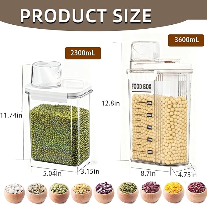 2-Pack Airtight Food Storage Containers Set(3.6L+2.3L Total 199.5 oz)-Same Material, Varied Designs-with Pour Spout & Measuring Cup, BPA-Free PET Canisters for Rice, Oatmeal,Flour, Pet Food