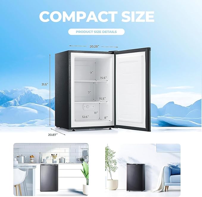3.0 Cu.ft Small Freezer, Mini Upright Freezer with Adjustable Thermostat, Removable Shelves, Reversible Single Door, for Bedroom/Home/Dorms/Apartment, Sanded Black