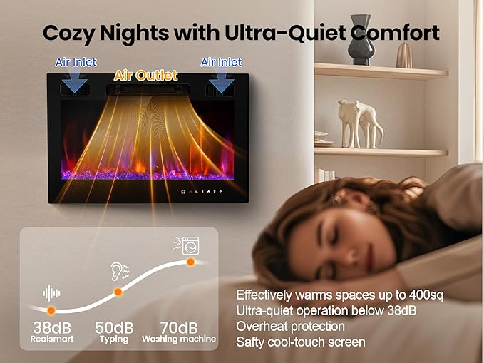 Electric Fireplace Insert 30" Realsmart 1500W Wall Mounted Fireplaces Recessed Heaters,Fit for 2 X 6 stub, Remote Control Slim Black Fireplace Touch Screen Timer 12 Flame Colors LED Decor Low Noise