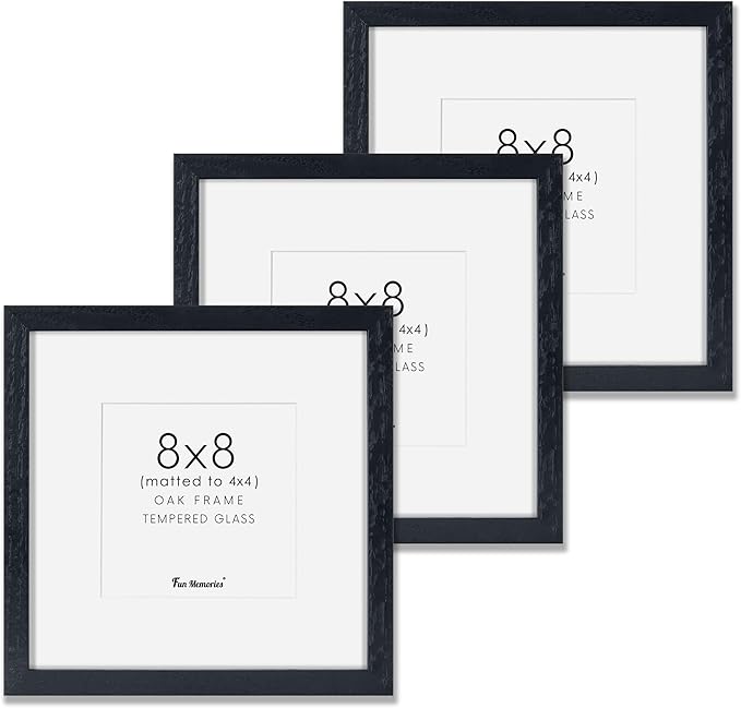 8x8 Picture Frames Black Set of 3, Solid Oak Wood 8”x8” Picture Frame Matted to 4”x4”,Square 8 x 8 Natural Wood Frame with Tempered Real Glass, Rustic 8x8 Photo Frame for Wall & Tabletop Display