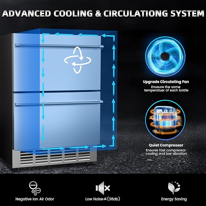 24 Inch Under Counter Double Drawer Fridge,Two Drawer Refrigerator Indoor Beverage Refrigerator, Stainless Steel Beverage Fridge for Home & Commercial Use (Foam Door)