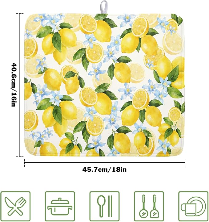 Kawani Lemon Dish Drying Mat 16x18 Inch Absorbent Reversible Summer Drying Mat - Image 2