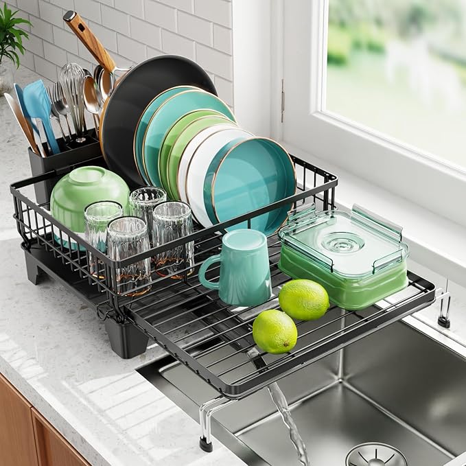 Swedecor Extendable Dish Drying Rack - Large 2-in-1 Dish Racks for Kitchen Counter with Drainboard & Pan Slots, Anti-Rust Over Sink Dish Drainer, 12.6" to 22.4" L x 16.7" W, Black