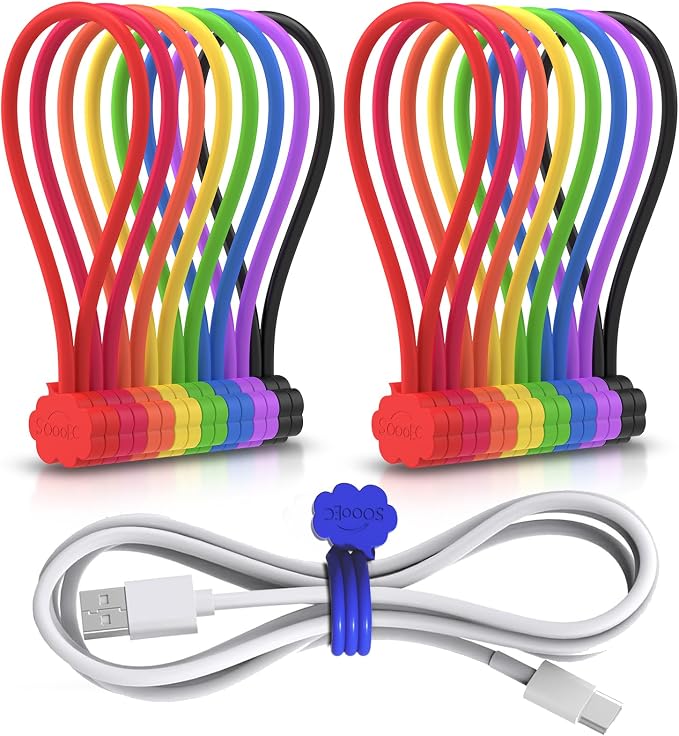 SOOOEC Magnetic Cable Ties 16 Pack, Cute Cloud 7.2" Silicone 8 Colors | Strong by SOOOEC
