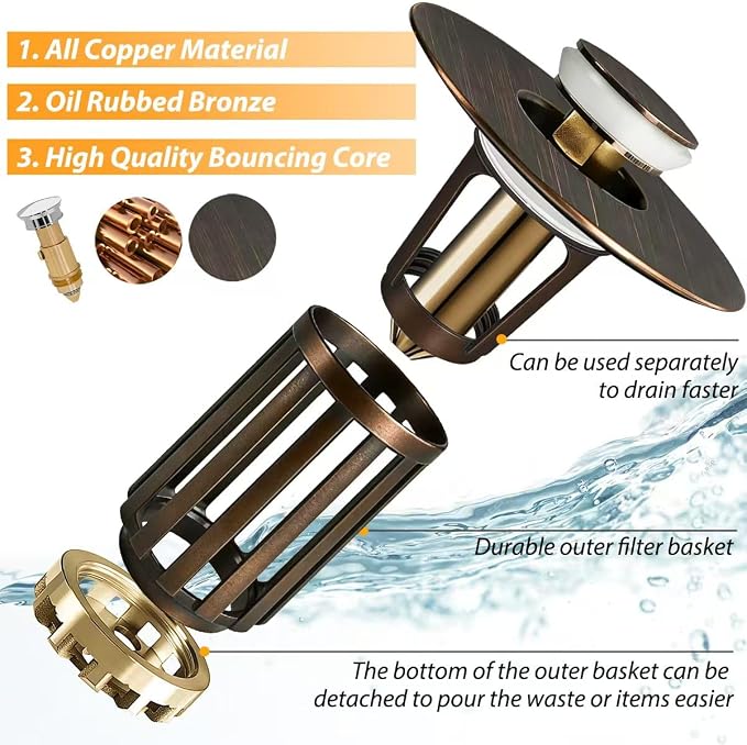 Anlige 3 in 1 Pop Up Bathroom Sink Stopper, Bathroom Sink Drain Strainer - Image 6