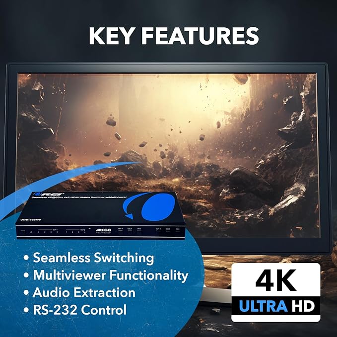 OREI 4K Multi HDMI Viewer Quad 4 in 2 Out, Matrix Switcher 4 Ports Seamless IR Remote Support 4K @ 60Hz 1080P for PS4/PC/DVD/Security Camera, HDMI Switch Optical Audio L/R Output - UHD-402MV